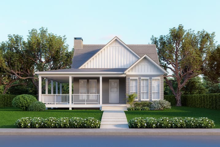 Single-family home with front porch and landscaped yard in a residential neighborhood